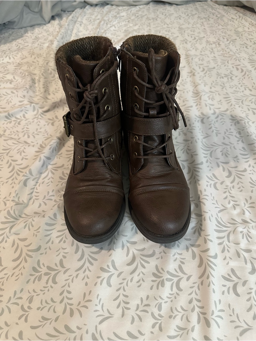 Global Win Women’s Brown Lace-Up Buckle Combat Boots